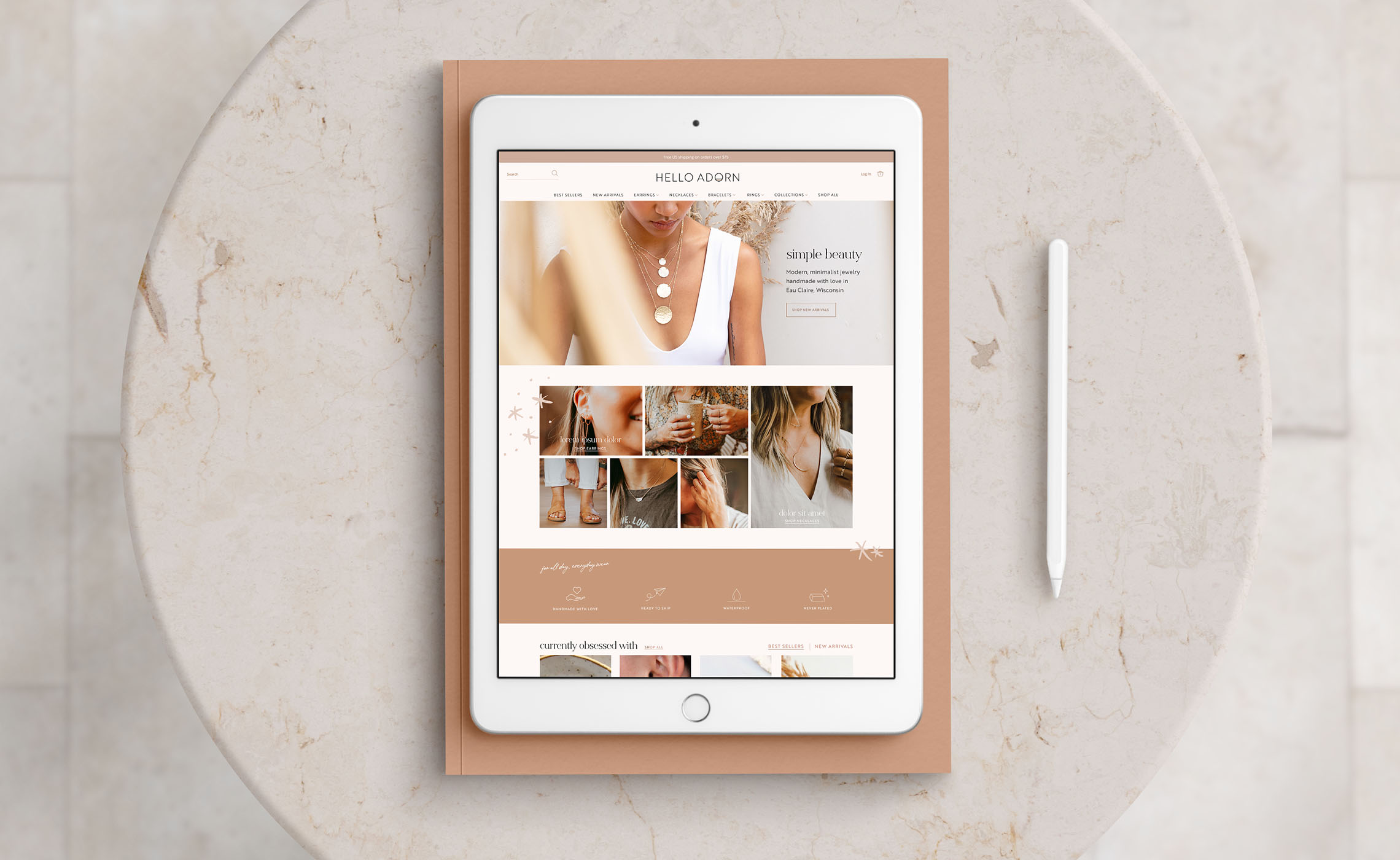 Hello Adorn - Shopify Plus home page design for a hand-made jewelry brand.