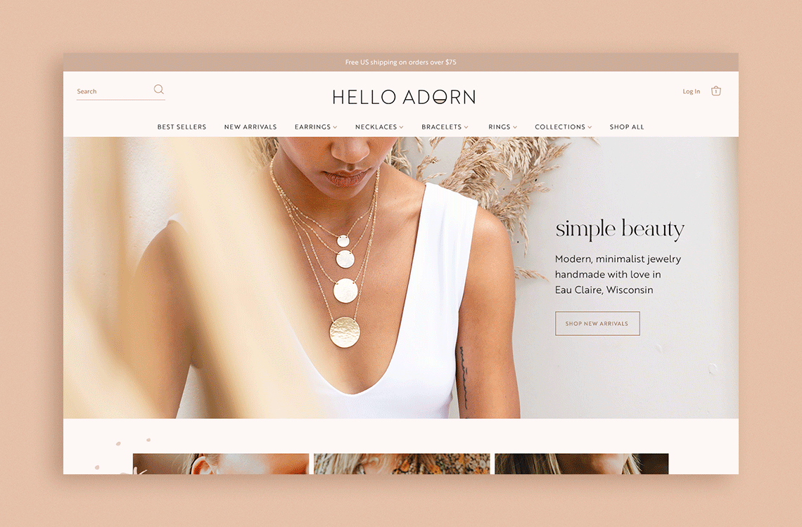 Hello Adorn - home page design for a hand-made jewelry brand.