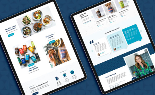 iPad screens showing the homepage of Balanced Bites - custom Shopify website redesign for an ecommerce meal delivery brand.