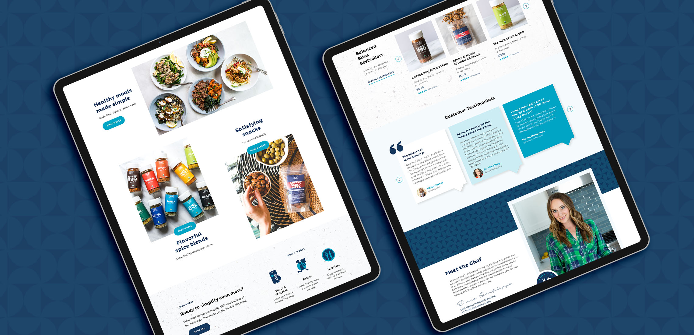 iPad screens showing the homepage of Balanced Bites - custom Shopify website redesign for an ecommerce meal delivery brand.