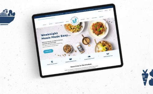 Desktop and mobile screens showing the Balanced Bites homepage on their Shopify website redesign for an ecommerce meal delivery brand.