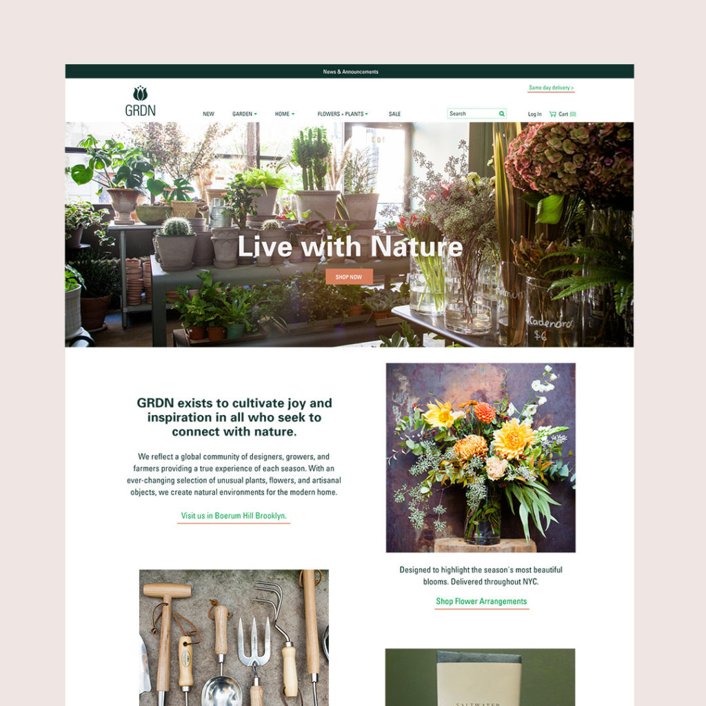 GRDN - homepage design for a specialty garden and home store.
