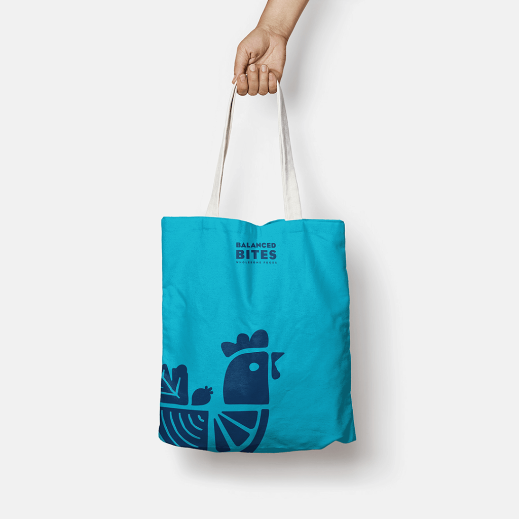 Balanced Bites tote bag with their secondary logo.