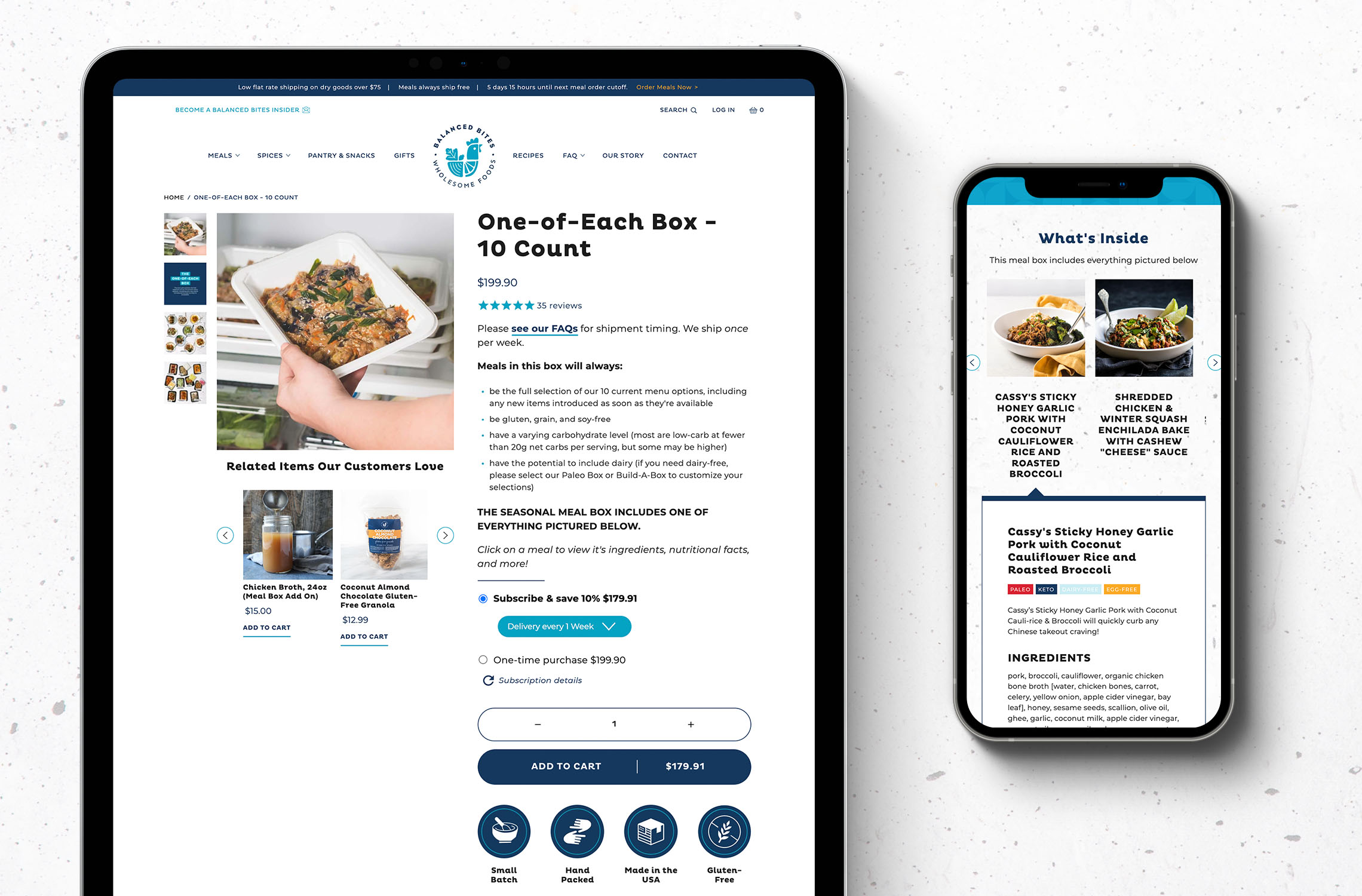 Desktop and mobile screens showing the Balanced Bites product page on their Shopify website redesign for an ecommerce meal delivery brand.