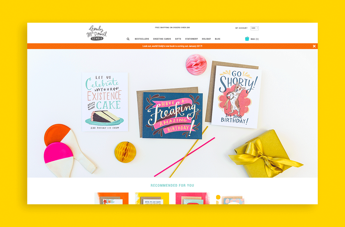 Emily McDowell Studio - home page design for established stationery business.