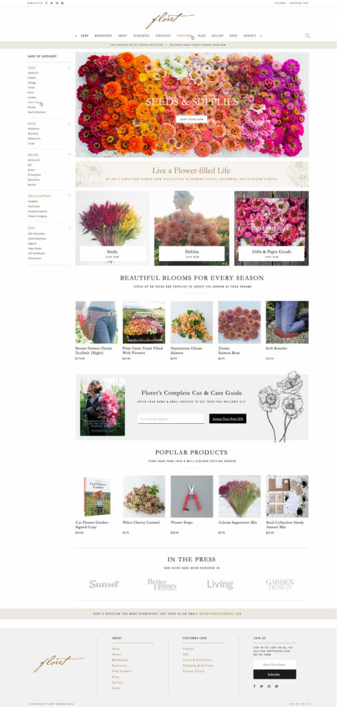 Homepage for Floret website - a strategic Shopify and WordPress integration for a flower farm.