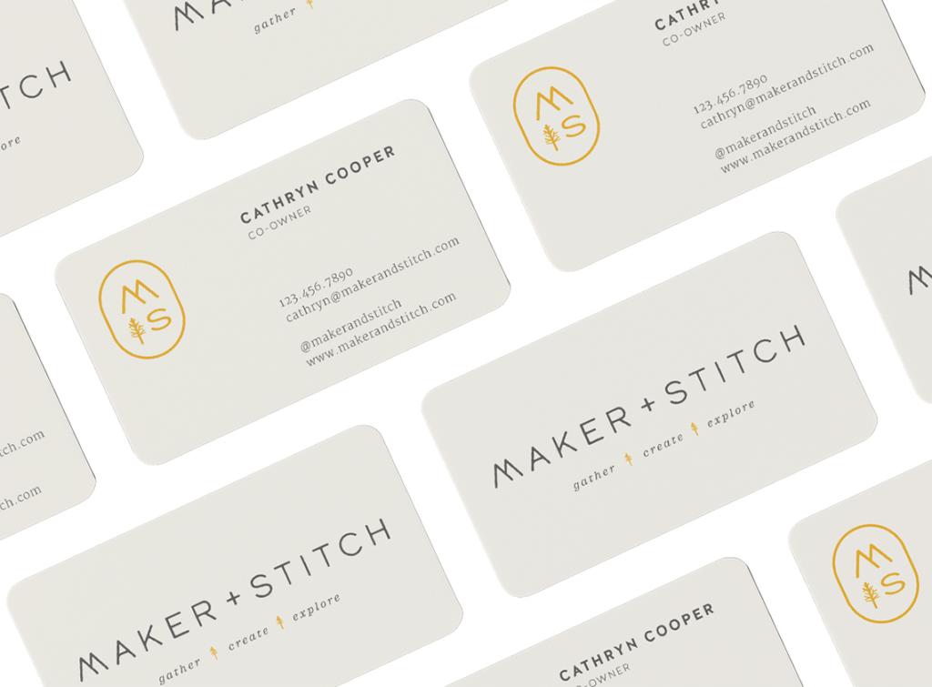 Maker + Stitch - business card print design for a brick and mortar knitting shop.