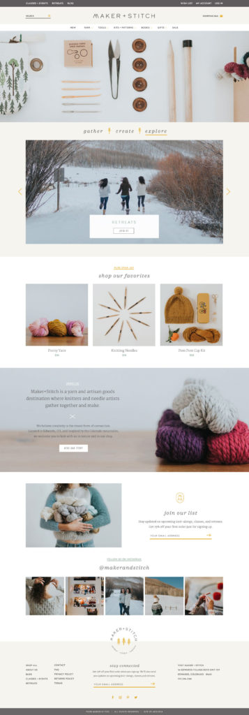 Desktop screen view of the Maker & Stitch home page on their Shopify website redesign for a brick and mortar knitting shop.
