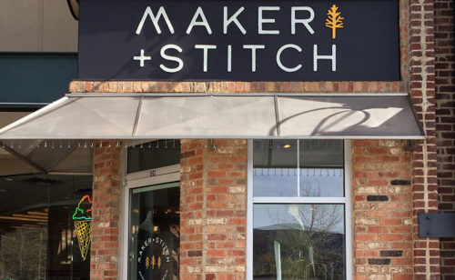 Maker + Stitch - storefront and branding design for a brick and mortar knitting shop.