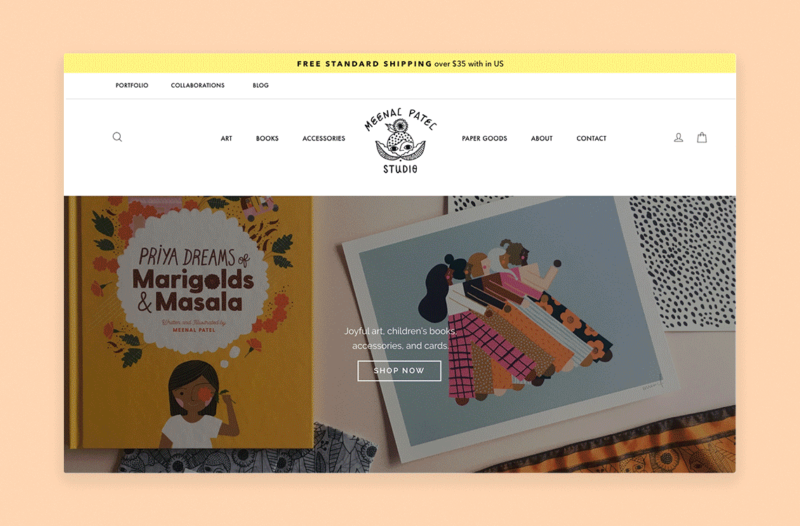 Scrolling gif of Meenal Patel website homepage for an artist, illustrator, and writer.