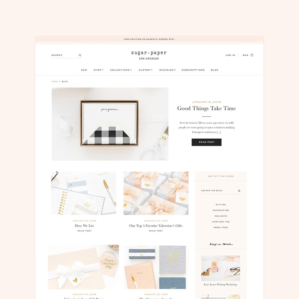 Blog page design on a custom Shopify site for stationery designers Sugar Paper