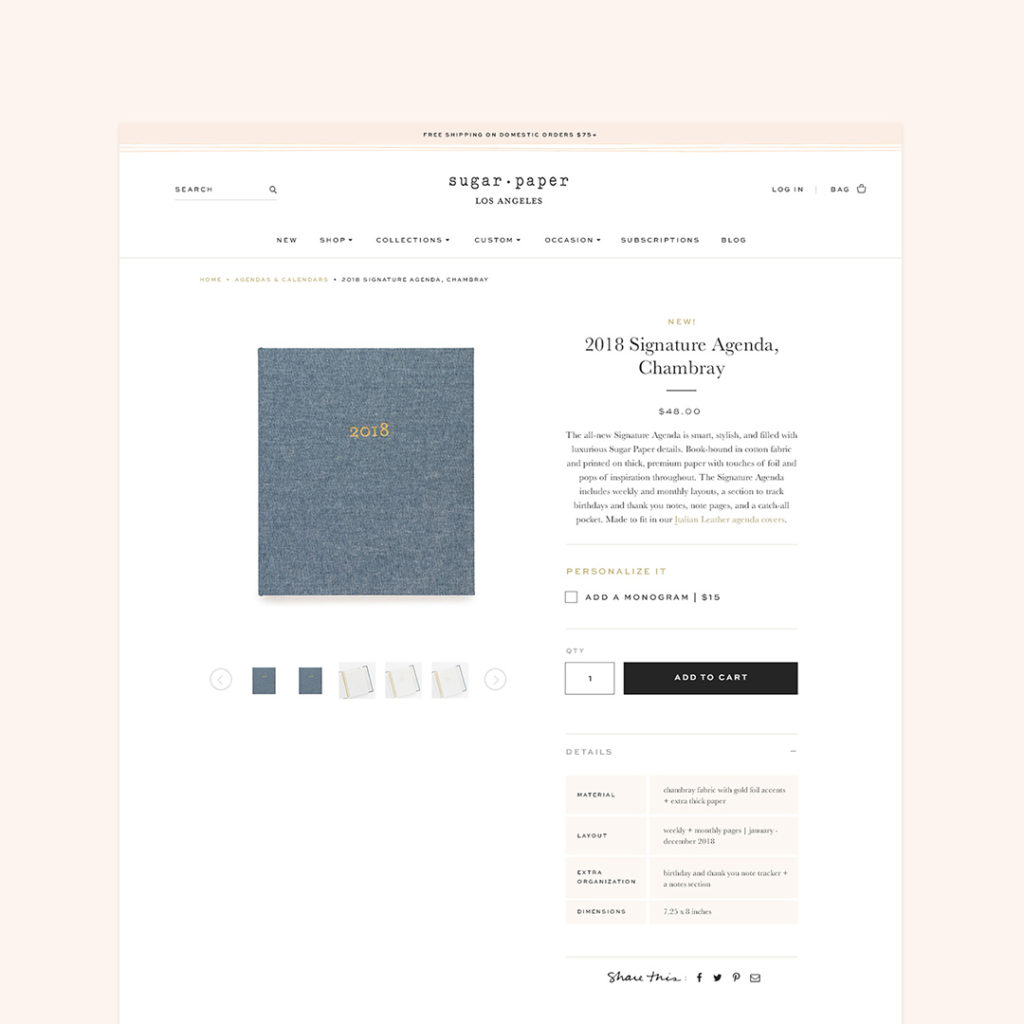 Product page design - custom Shopify website for stationery company Sugar Paper
