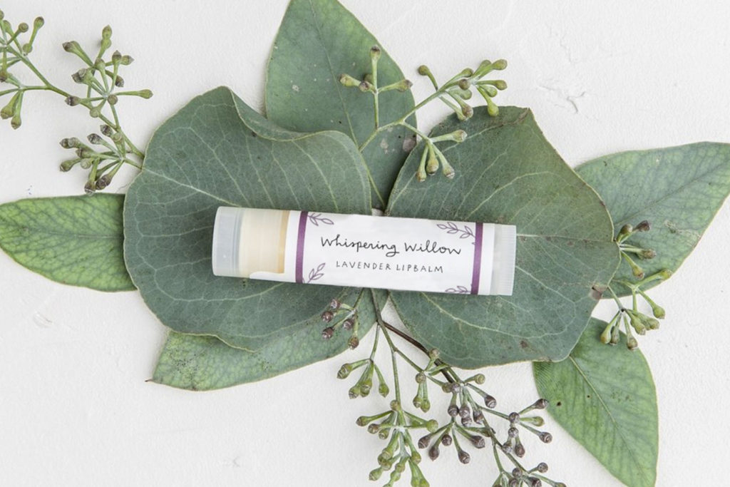 Chapstick packaging design with Whispering Willow logo and leaf motif illustrations.
