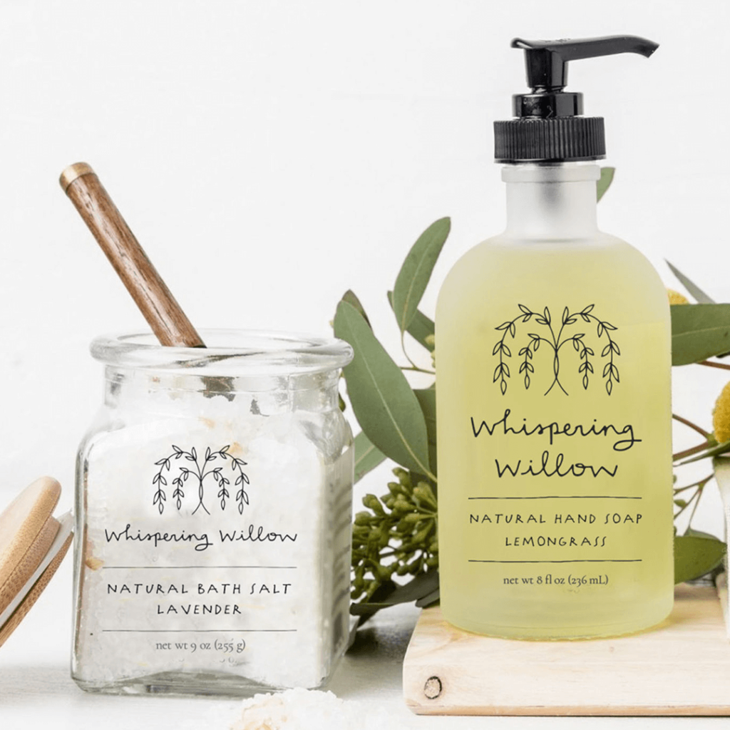 Whispering Willow - bath salt and soap packaging design for a natural apothecary line.