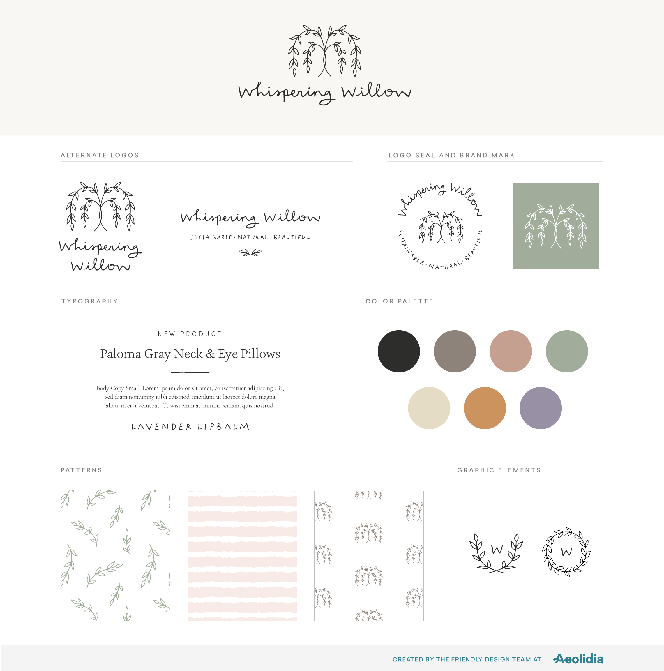 Whispering Willow brand guide - logos, brand mark, typography, colors, patterns, graphic elements.