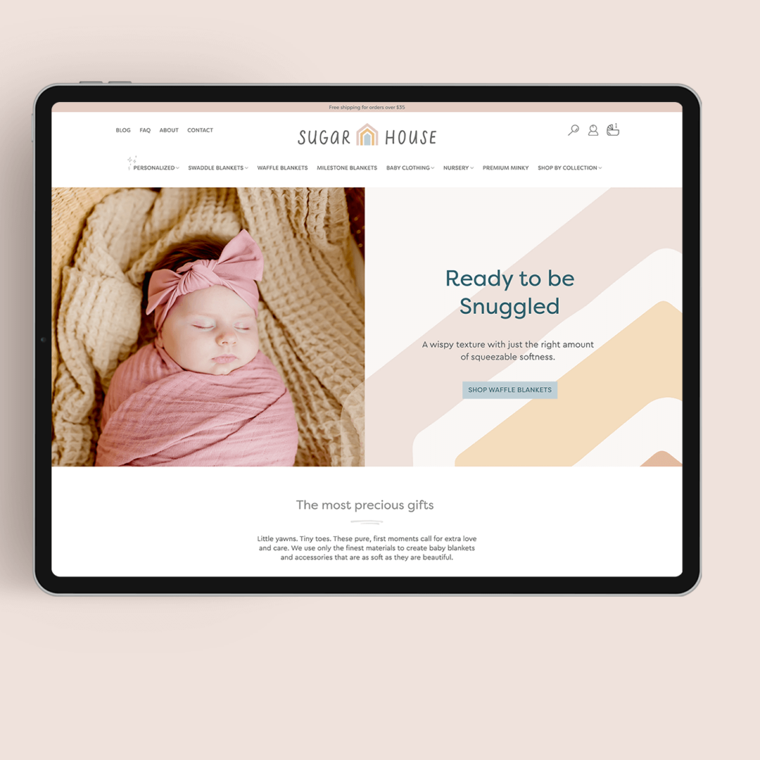 Brand identity design, custom website, and copywriting for an e-commerce baby brand