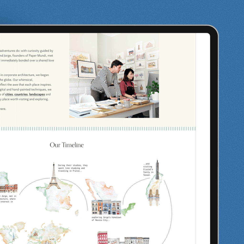 Ecommerce website case study for a travel-inspired illustrator. Here's a peek at the custom about page.