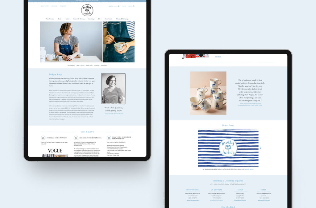 Custom Shopify website for a renowned housewares designer; shown here is her new about page.
