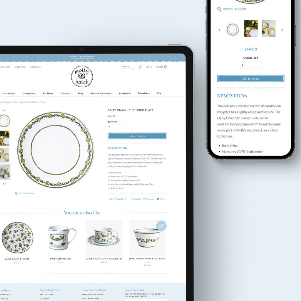 Custom Shopify website for Molly Hatch; shown here is an example of her new product page designed for an optimal shopping experience on any device.