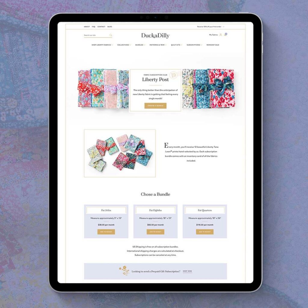 custom ecommerce subscriptions page for a fabric shop website