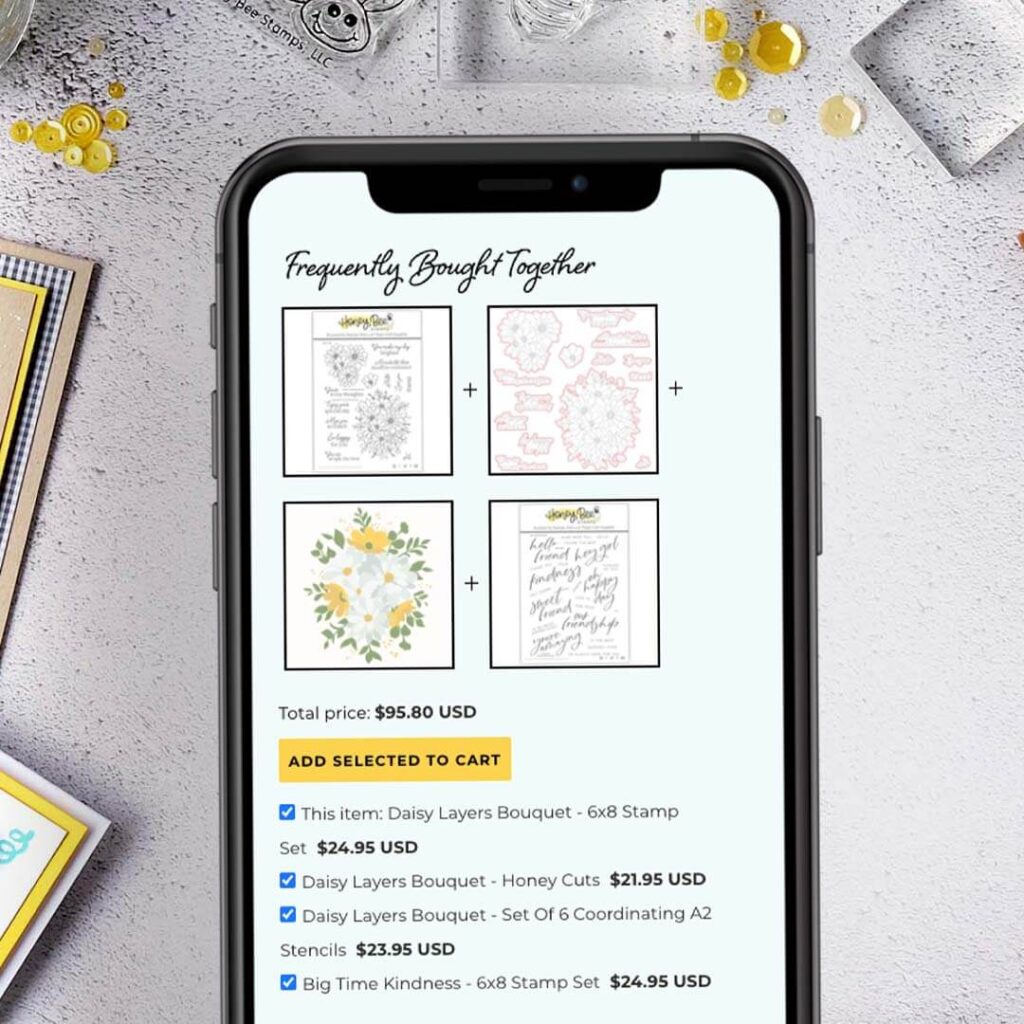 Frequently bought together feature automatically upsells for Honey Bee Stamps. 