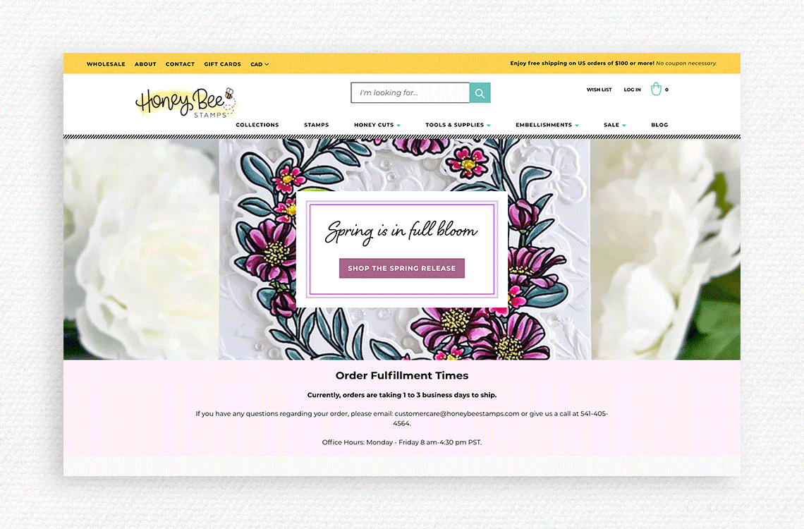 Honey Bee Stamps homepage design by Aeolidia - we provide ongoing Shopify optimization 