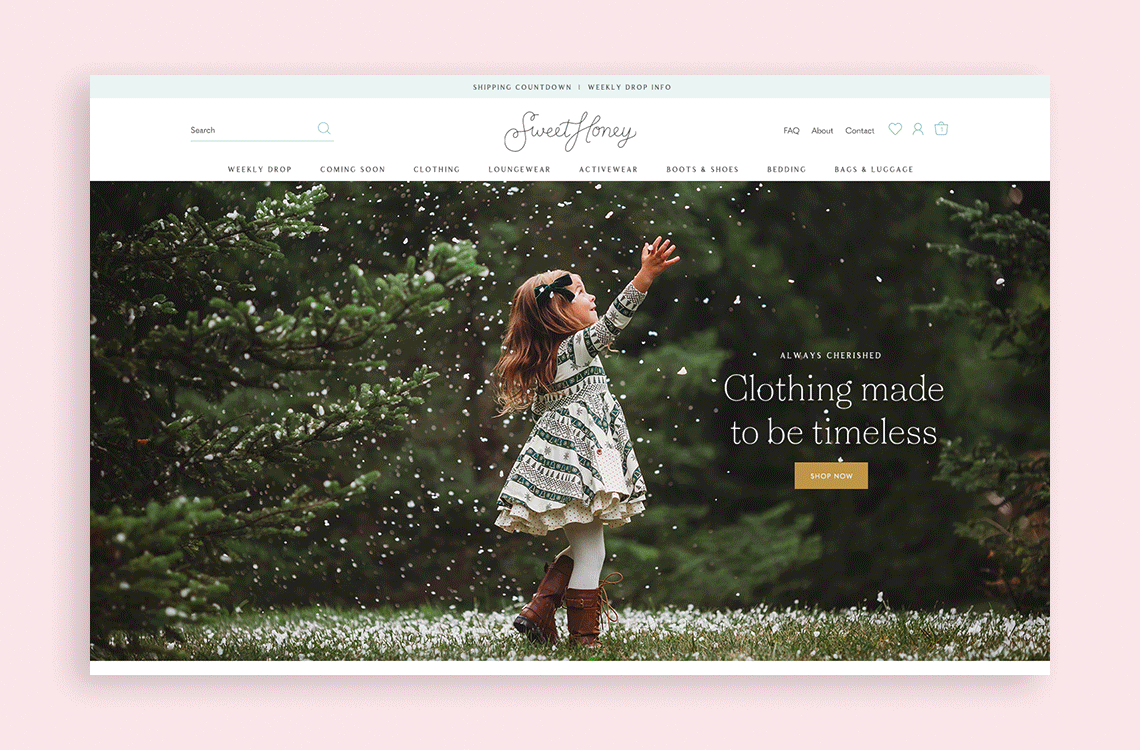 SweetHoney Clothing Shopify Plus website homepage designed by Aeolidia.