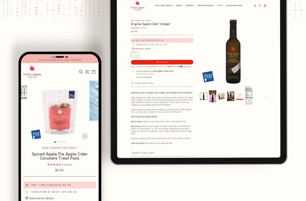 Product page optimization for Little Apple Treats includes an option to subscribe and save.