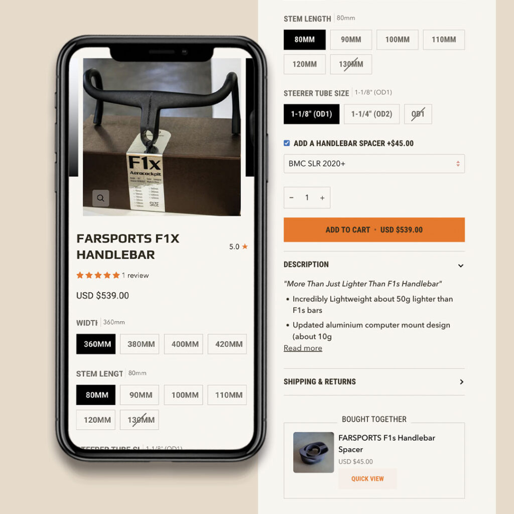 product page for Farsports includes a sophisticated add-on feature