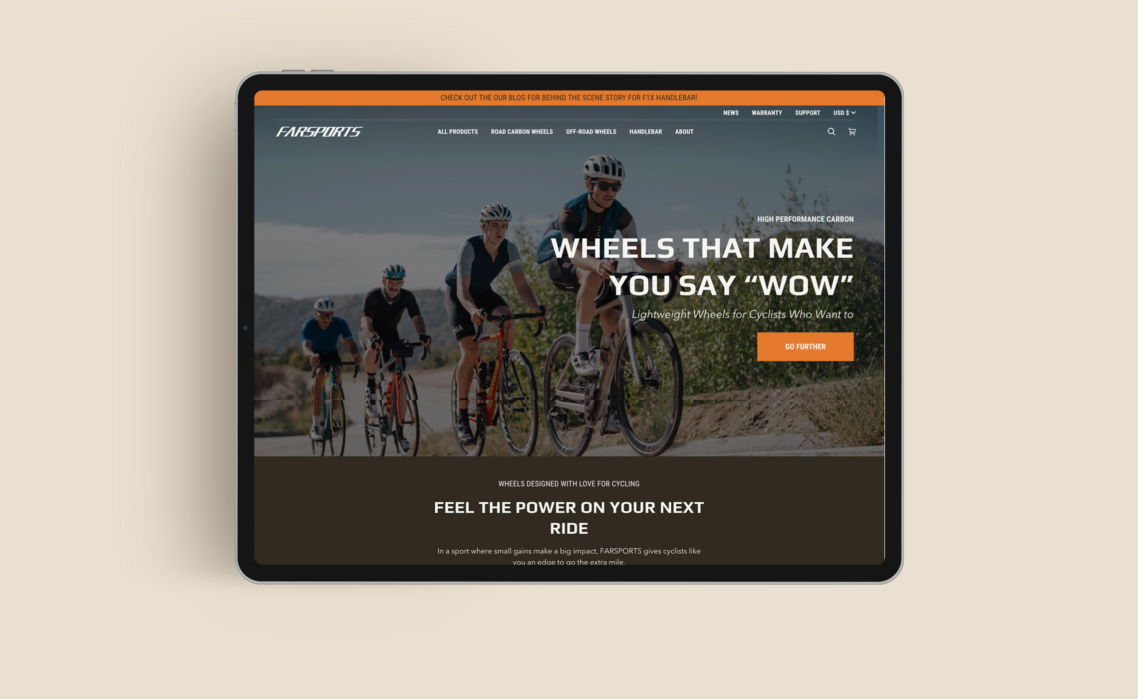 Homepage for Farsports, a cutting-edge manufacturer of carbon cycling components.