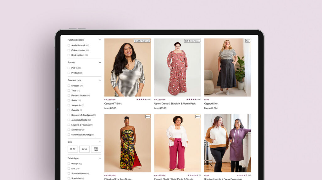 Custom shopify web page featuring updated sewing pattern products with clear callouts and filters.