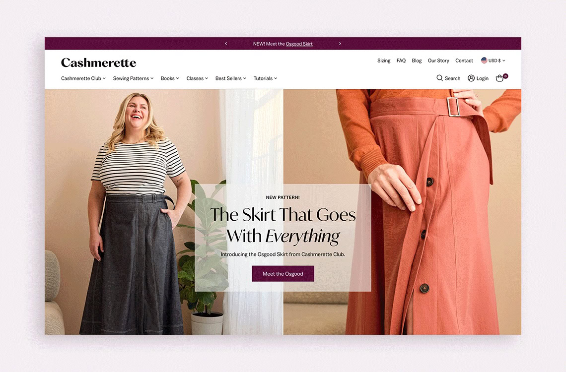 Image of Cashmerette's new home page featuring wide, fashion-inspired photography and customizable calls to action.