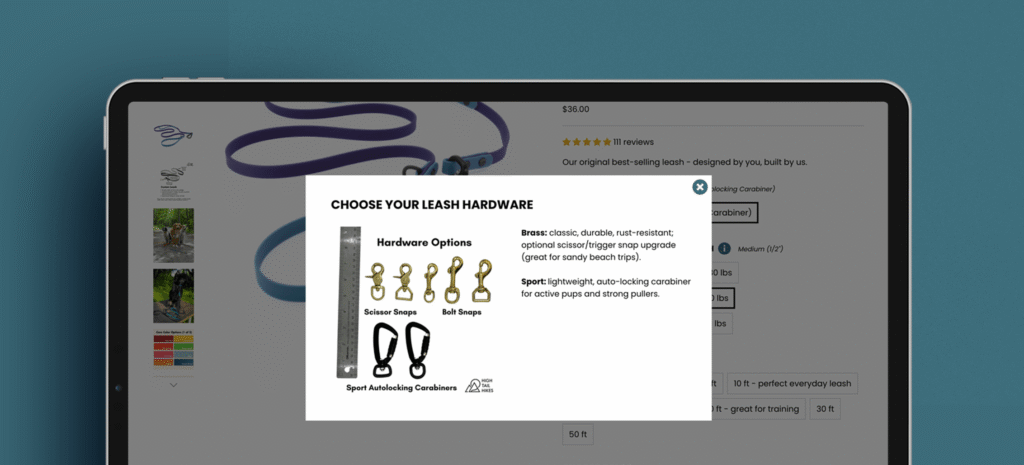 Hardware options for a Shopify product customizer for dog leashes